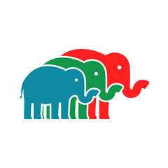 The logo of colorful elephants in red, green and blue.