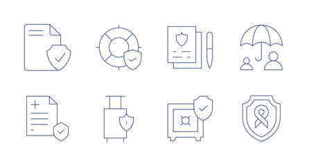 Insurance icons. editable stroke. Containing policy, safe box, protection, shield, insurance, file, health insurance.