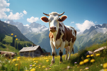 Fototapeta na wymiar Cow grazing on a beautiful flowering meadow in Alp mountains on sunny summer day. Stunning rocky mountains and blue sky on the background.