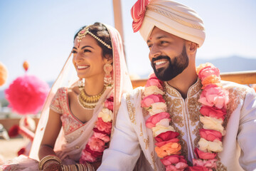 Indian bride and groom at amazing hindu wedding ceremony. Details of traditional indian wedding. Beautifully decorated hindu wedding accessories.