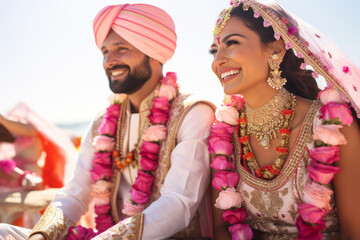 Indian bride and groom at amazing hindu wedding ceremony. Details of traditional indian wedding. Beautifully decorated hindu wedding accessories. - obrazy, fototapety, plakaty