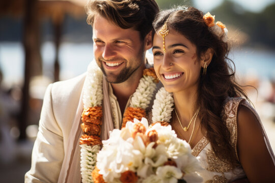 Indian bride and groom at amazing hindu wedding ceremony. Details of traditional indian wedding. Beautifully decorated hindu wedding accessories.