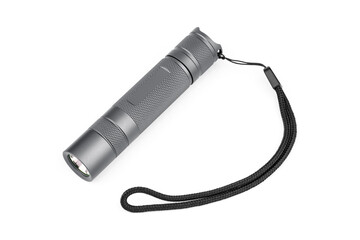 Modern aluminum LED Pocket Flashlight isolated on white background.	