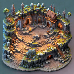 Isometric zoomed landscape and building structure concept arts for video games & animations