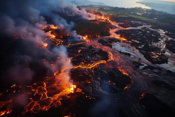 Destroyed buidings in city after volcano eruption. Abandoned village houses ruined by volcanic lava. Natural disaster.