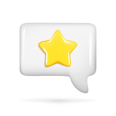 Realistic 3d white glossy dialog speech bubble with golden star. Cartoon 3d customer rating feedback, user rating box, best quality review. Vector illustration isolated on white background