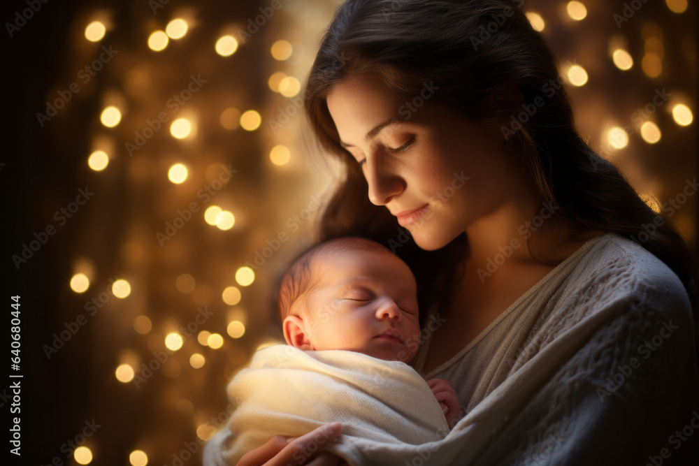 Wall mural mary holding baby jesus on christmas day. christmas lights in background. nativity scene.