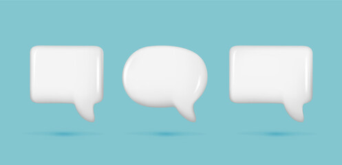 Set of realistic 3d white glossy speech bubble text, message box, chatting box. Cartoon 3d element, chat dialogue icon, empty speak bubble symbol. Abstract vector illustration on blue background