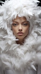 fashion studio portrait of beautiful young woman with white feathers on her head