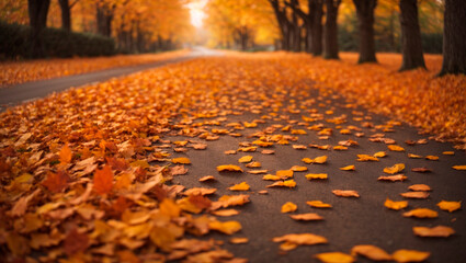 The road is covered with bright autumn leaves, creating a road robe of gold and orange tones