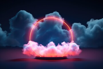 Abstract Neon Circle on Abstract Cloud Formation. Abstract Glowing Ring in the Dark Night Sky - AI Generated