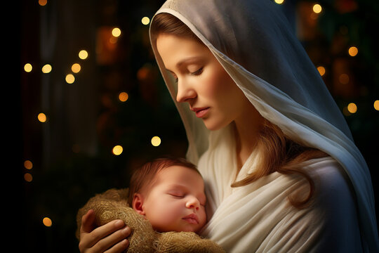 Mary holding baby Jesus on Christmas day. Christmas lights in background. Nativity scene.
