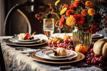 Obraz na płótnie Canvas Rustic table setting ready for a Thanksgiving feast with autumn decorations - Grateful Gathering - AI Generated
