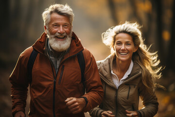 Fototapeta premium Beautiful cheerful mature couple running in the woods in autumn. Beautiful sunset in fall forest. Spending quality time together, active leisure.