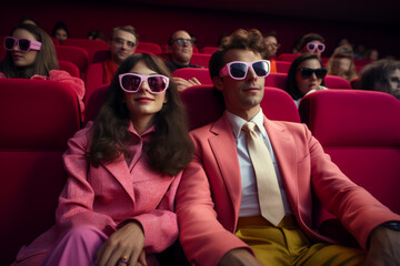 Obraz premium A couple wearing pink clothes and 3D glasses watching a film in cinema. Men and women having a date at movie theater.