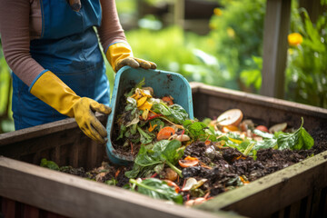 Person wearing gloves throwing food and yard scraps into a residential compost bin. Decomposing organic matter rich in nutrients and beneficial organisms.