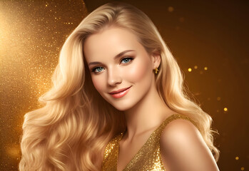american, european cute smiling young girl lady woman  wearing gold glittering dress with golden glitter background