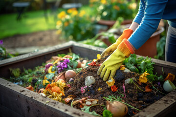 Fototapeta premium Person wearing gloves throwing food and yard scraps into a residential compost bin. Decomposing organic matter rich in nutrients and beneficial organisms.