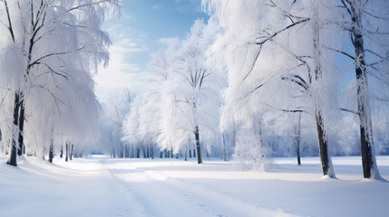 Fototapeta na wymiar Beautiful winter landscape with snowy trees in the park