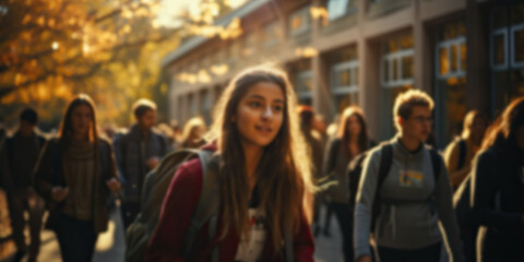 Blurred group of students and pupils quickly go to class