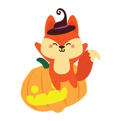 hand drawing cartoon fox with halloween pumpkin. cute halloween and autumn season decor element sticker. design for card, print