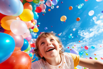 Fototapeta na wymiar Cheerful funny child holding colourful balloons on a sky background. Kid having fun with balloons and confetti.