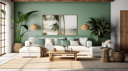Green living room interior design with neutral color sofa, indoor plant and wall art, modern minimal japandi scandinavian living room 3d illustration.