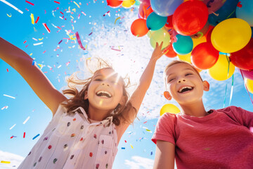 Cheerful funny child holding colourful balloons on a sky background. Kid having fun with balloons and confetti.