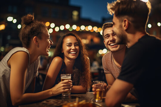 Group of cheerful friends having fun at dinner party in summer night. Young people having a get together outdoors.
