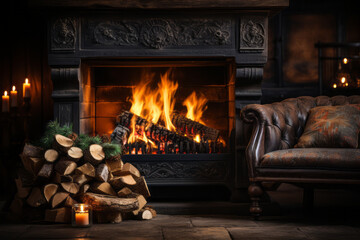 Cozy dark rustic living room with a fireplace, decorated for Christmas.