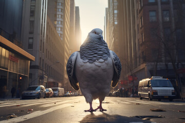 Giant huge enormous pigeon walking city street on busy morning. - obrazy, fototapety, plakaty