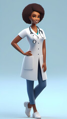 Cartoon 3D doctor character with a stethoscope pointing at something and smiling at the camera.
