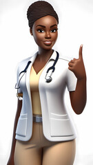 Cartoon 3D doctor character with a stethoscope pointing at something and smiling at the camera.