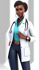 Cartoon 3D doctor character with a stethoscope pointing at something and smiling at the camera.