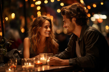 Cheerful young couple having a date at outdoor restaurant in summer night. Young people having a get together outdoors.