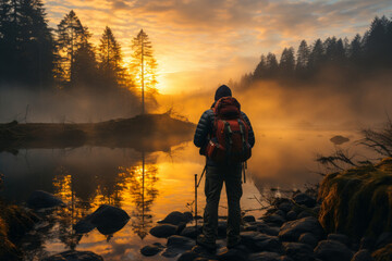 Man admiring beautiful landcape on scenic sunset. Adventurous young man with backpack. Hiking and trekking on a nature trail. Traveling by foot.