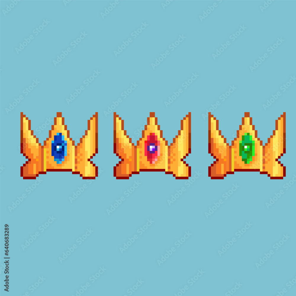 Poster pixel art sets of crown with gems for dugeon items. blue gems,reed gems,and green crowns on pixelate