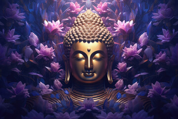 Buddha face with flowers, generative AI	