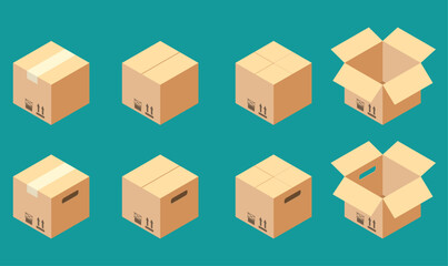Isometric cardboard boxes. Packaging and shipping vector illustration