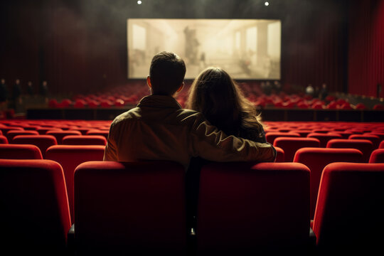 A couple hugging while watching a film in cinema. Men and women having a date at movie theater.