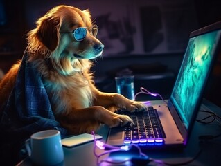Hacker golden retriever dog working with computer	