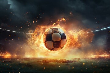 Fototapeta premium Soccers fire, A powerful kick propels the ball in a stadium
