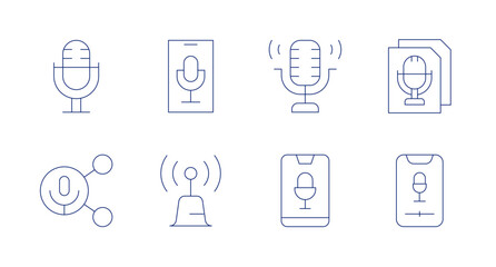 Podcast icons. editable stroke. Containing record, script, share, signal tower, smartphone.