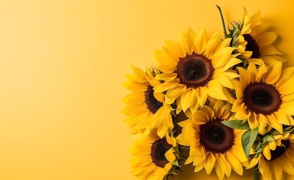 A bouquet of yellow sunflowers on yellow background top view in flat lay style.