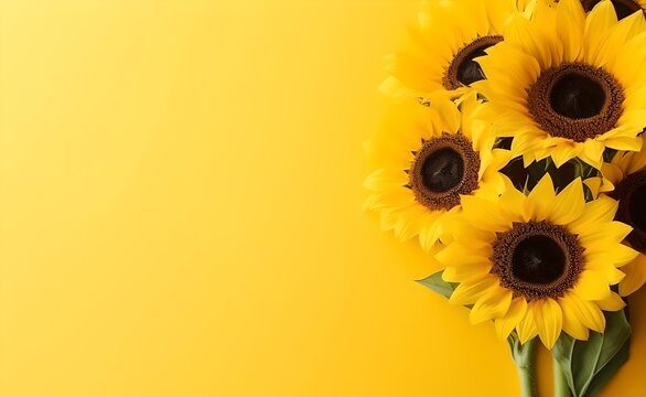 A bouquet of yellow sunflowers on yellow background top view in flat lay style.