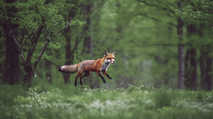 Red Fox jump hunting, Vulpes vulpes, wildlife scene from Europe. Orange fur coat animal in the...