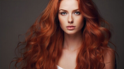Obraz premium girl with long shiny curly red hair. Generative AI