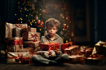 Cute little boy looking unhappy with his Christmas presents. Sad child surrounded by gift boxes.