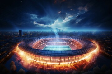 Top down 3D view, A soccer stadium illuminated with vibrant lights