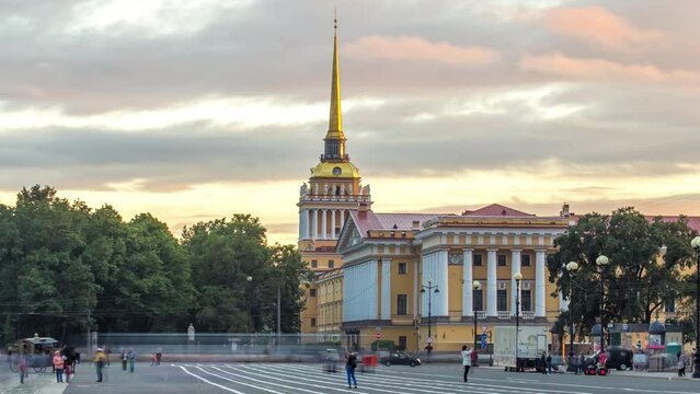 Building of Naval Engineering Institute (Admiralty) on Palace Square timelapse hyperlapse. Cloudy sky at sunset time in St. Petersburg, Russia